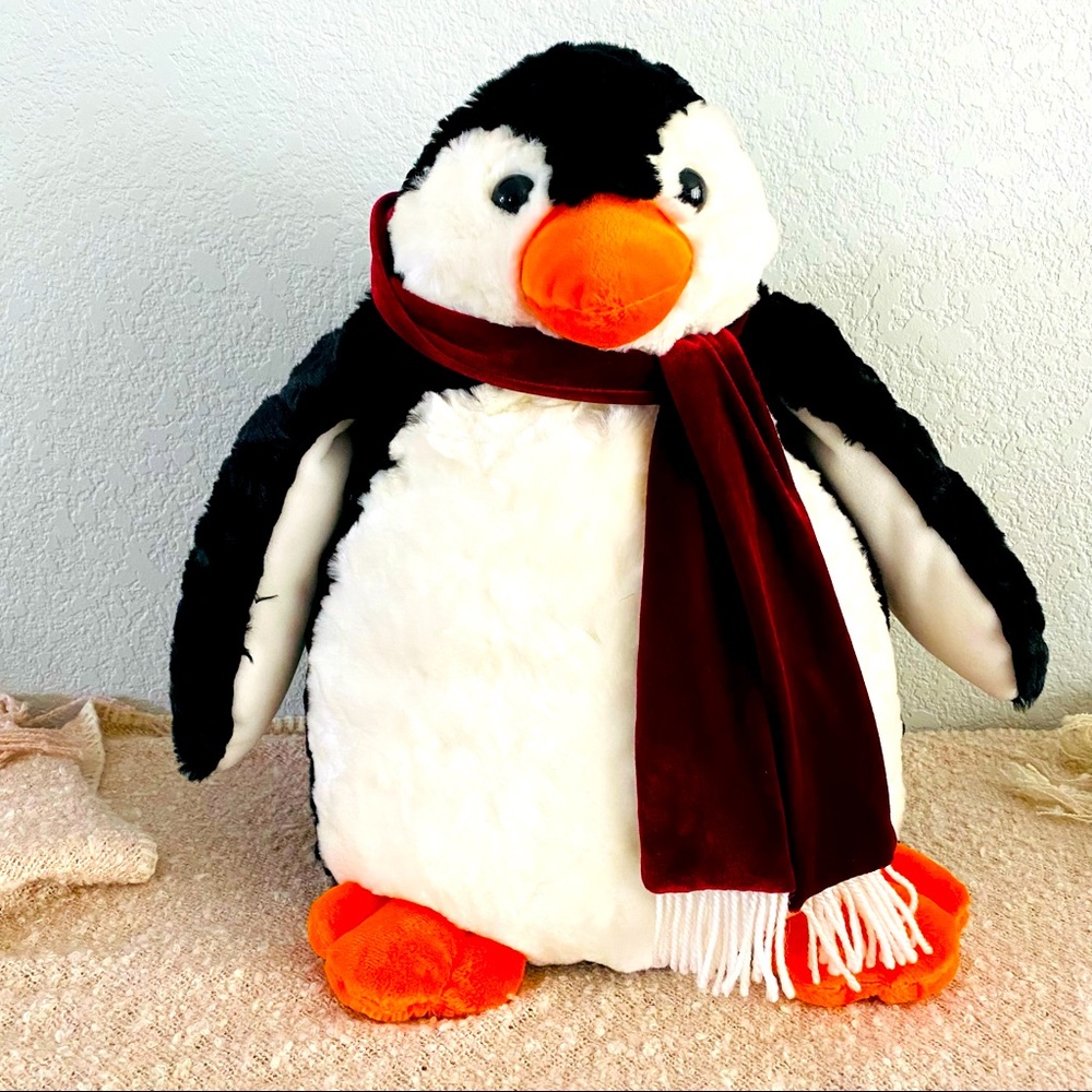 Plush winter penguin, burgundy velvet scarf